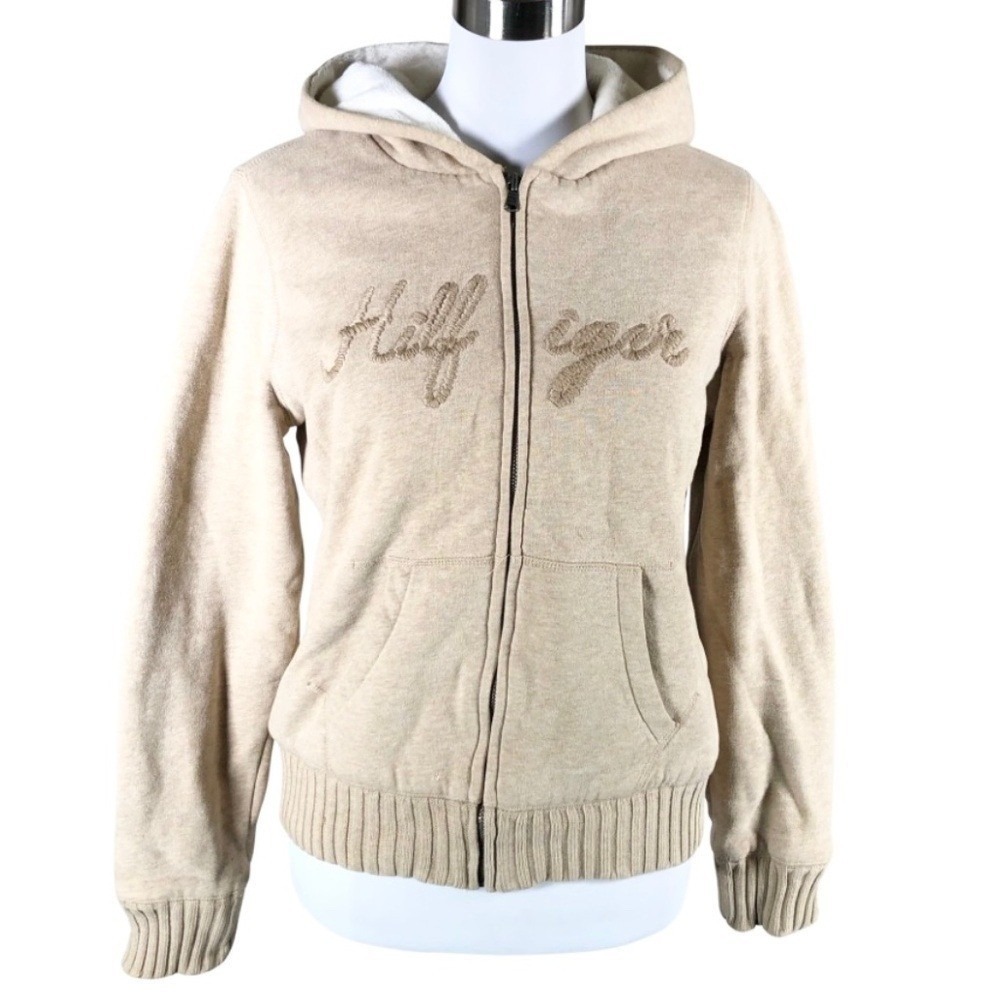 Vintage Tommy Hilfiger Womens Faux Fur Lined Full Zip Hoodie Size L Tan/Brown